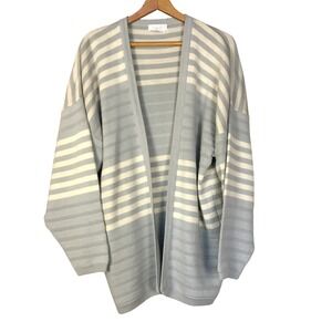 Schrader Separates Cardigan Gray Cream Stripe Open Front Knit L Dolman Sleeve